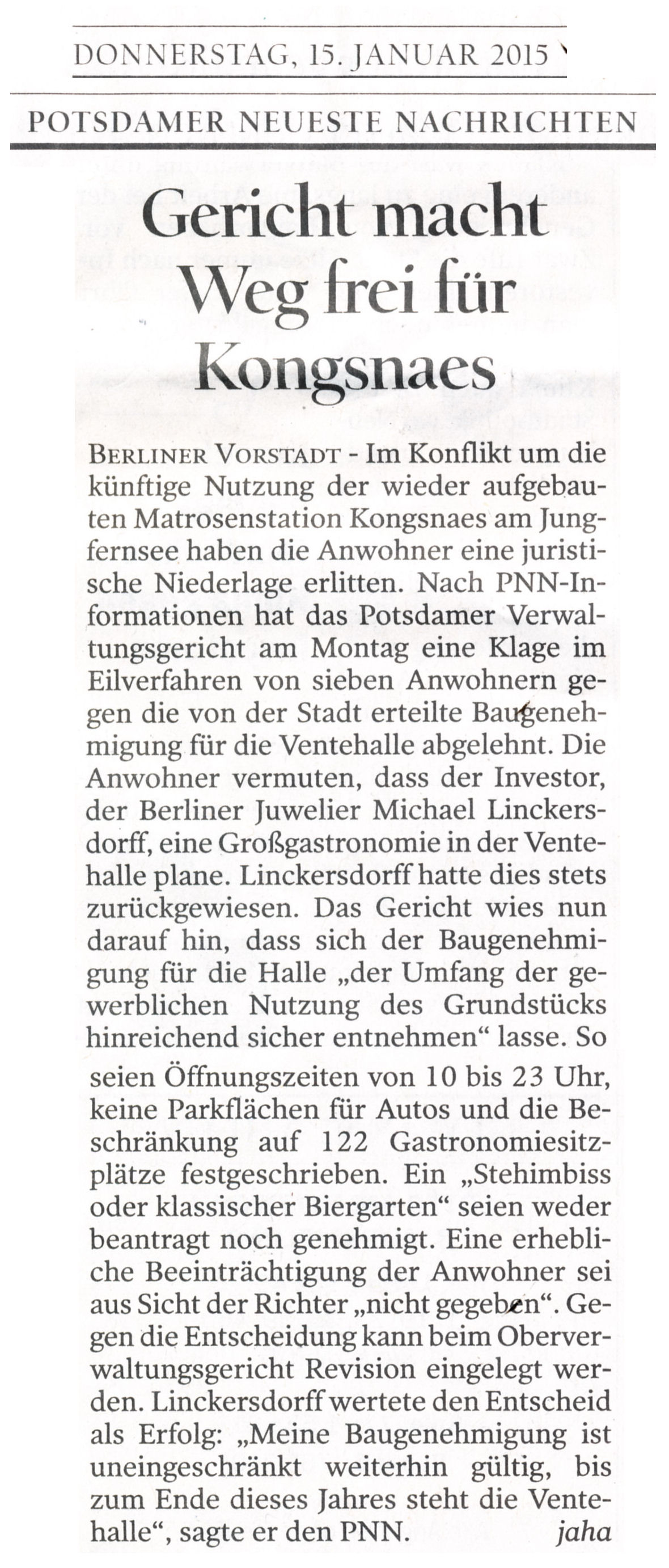 Potsdamer Neue Nachrichten - 15.01.2015